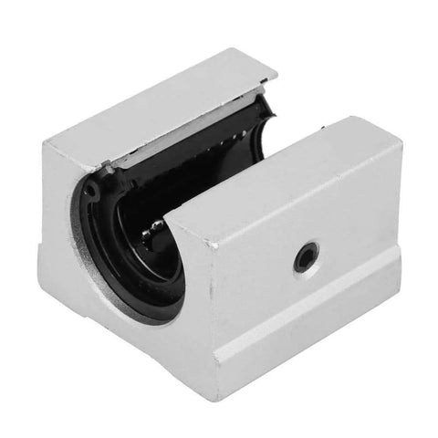 Open Linear Bearing Block SBR16UU 16mm aluminum, open view, showing internal ball bearing slide bushing for CNC and machinery.