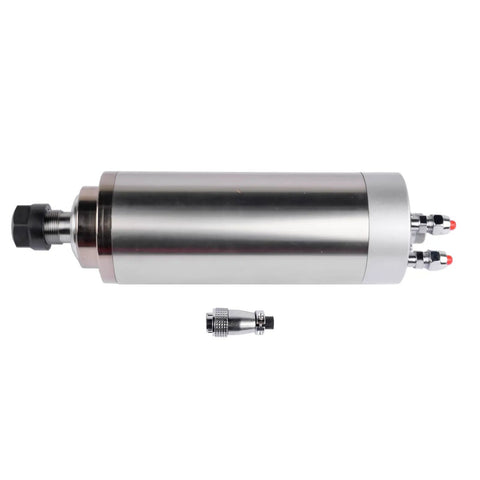 Water Cooled CNC Spindle 2.2KW 220V 8A ER20 Router Motor, showing connectors and smooth stainless steel body.