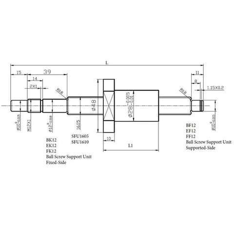 Top Tier 250 To 1500 Mm Ballscrew With Ballnut Set SFU1605 For Machinery dimensions and support unit diagram.