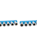 Side view of two Five Way 1/2 Inch Manifold Block Splitters For Air Hose Inline Fittings in silver blue iron.