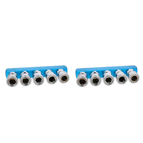 Side view of two Five Way 1/2 Inch Manifold Block Splitters For Air Hose Inline Fittings in silver blue iron.