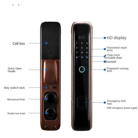 Slick Smart Door Lock Serving Up Dead Easy Fingerprint Access With Locked Down Digital Password And Quick Remote Unlock For Rock Solid Home Security Plus Convenient Ic Card Fallback Backup, showcasing HD display, quick open handle, and lock features.
