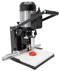 Front view of WYDDDARY portable woodworking hinge drilling and boring machine on a benchtop with aluminum guide rail.