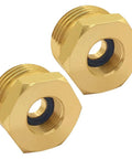 Two brass hex reducer fittings, 3/4 GHT male to 3/8 compression female, garden hose/RV plumbing adapters.