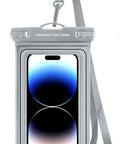 Clear touch window of rugged waterproof phone pouch with adjustable lanyard, universal fit for phones up to six point eight inches.