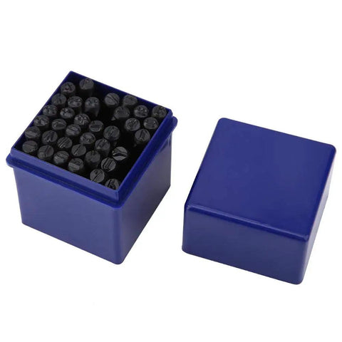 36 Piece 5mm Metal Stamping Kit With Alphabet And Number Stamps For Leather Tooling in blue storage box