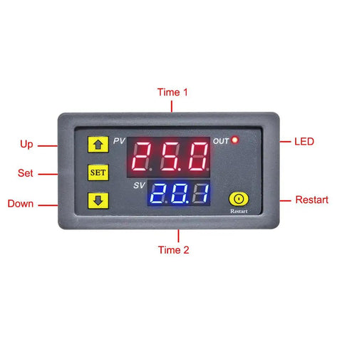 Front view of Two Pack Programmable Timer Delay Relay With LED Display On Off Cycle Timer Switch Digital Time Relay Module DC12V 20A Gray