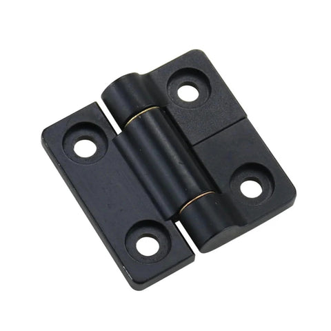 Close-up view: zinc alloy torque square damper hinge, matte black, four screw holes, 2.0N.m
