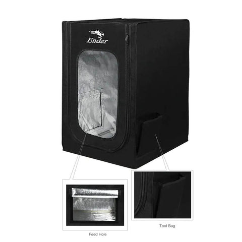 Fireproof And Dustproof 3D Printer Enclosure Tent with Constant Temperature Control for Ender Series, side view with tool bag.