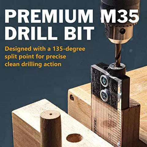 Pro Grade Quarter Inch Doweling Jig Kit With Laser Alignment Marker demonstrating precise drilling on wood surface