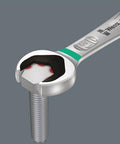 Joker SW 14 SB Ratcheting Combination Wrench with open-end hold on bolt, showing depth stop and 80-tooth ratchet feature.