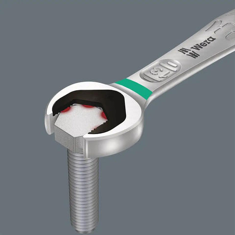 Joker SW 14 SB Ratcheting Combination Wrench with open-end hold on bolt, showing depth stop and 80-tooth ratchet feature.