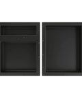 All In One Triple Niche Recessed Shower Shelf In Black With Three Built In Shelves Tile Ready Surface 32 Inch Wide By 20 Inch High By 4 Inch Deep Perfect Bathroom Organizer For Soaps Shampoos And More, shown side by side with a focus on the compartments.