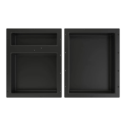 All In One Triple Niche Recessed Shower Shelf In Black With Three Built In Shelves Tile Ready Surface 32 Inch Wide By 20 Inch High By 4 Inch Deep Perfect Bathroom Organizer For Soaps Shampoos And More, shown side by side with a focus on the compartments.