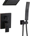 Oil Rubbed Bronze All Metal Shower System With 8 Inch Square Shower Head Wall Mounted Tub Spout And Single Handle Trim Kit Includes Rough-In Valve And Handheld Option For A Modern Spa-Worthy Bath Upgrade. Square 8-inch head, handheld and tub spout visible.