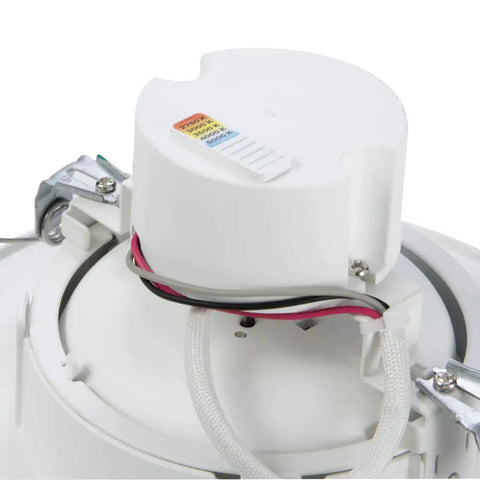 Close-up of integrated LED retrofit recessed gimbal light fitting for 5 and 6 inch cans, showing CCT selection and wiring detail