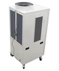 Straight Up Heavy Duty Mobile Spot Cooler Powers Down Heat With 20400 Btu Of Serious Cooling Capability Including A Generous 14 Liter Water Tank And Adjustable Nozzle For Commercial Outdoor Use, visible from back with wheels.