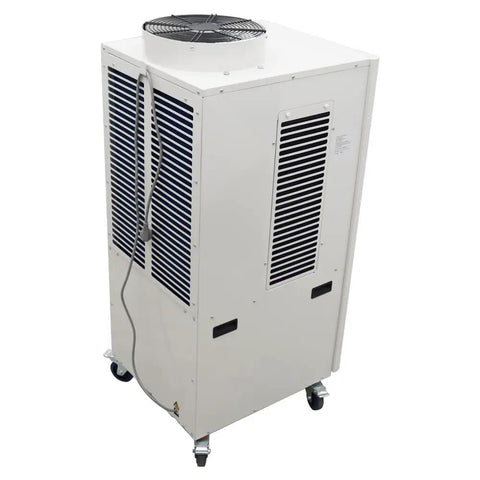 Straight Up Heavy Duty Mobile Spot Cooler Powers Down Heat With 20400 Btu Of Serious Cooling Capability Including A Generous 14 Liter Water Tank And Adjustable Nozzle For Commercial Outdoor Use, visible from back with wheels.