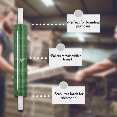 Built Tough Dark Green Plastic Stretch Wrap With Slick Self Adhesive Cling And Easy Grip Core Handles 20 By 1000 Feet Heavy Duty 80 Gauge, 20" roll overview for pallet securing.
