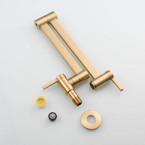Brushed Gold Wall Mount Pot Filler Faucet With Folding Reach And Brass Construction Sixteen Point Seven Inch Extension Single Hole Install