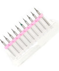 10 Piece Tungsten Carbide Drill Bit Set 0.1mm Precision For Electronics Prototyping And Detailed Modeling, PCB, Jewelry, Plastic, Wood, And CNC Use With Spiral Flute Design For Clean Holes laid out in a case.