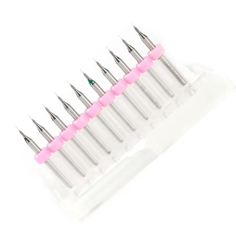 10 Piece Tungsten Carbide Drill Bit Set 0.1mm Precision For Electronics Prototyping And Detailed Modeling, PCB, Jewelry, Plastic, Wood, And CNC Use With Spiral Flute Design For Clean Holes laid out in a case.
