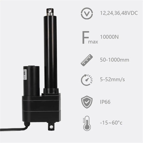 Badass 10000N IP67 Linear Actuator With Mechanical Clutch And 1000mm Stroke side view showcasing the entire actuator features and specs.