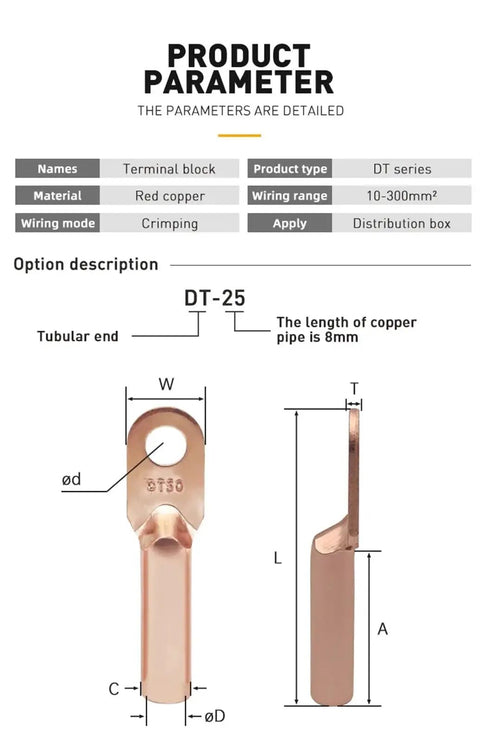 Heavy Duty Cold Crimp Fork Terminals, Uninsulated DT35 Wire Connectors measurements and details for automotive use.