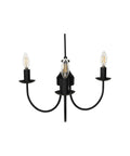 Creative Co-Op Iron & Rubber Wood Pendant Lamp with Golden Glow, three-arm chandelier in matte black finish.