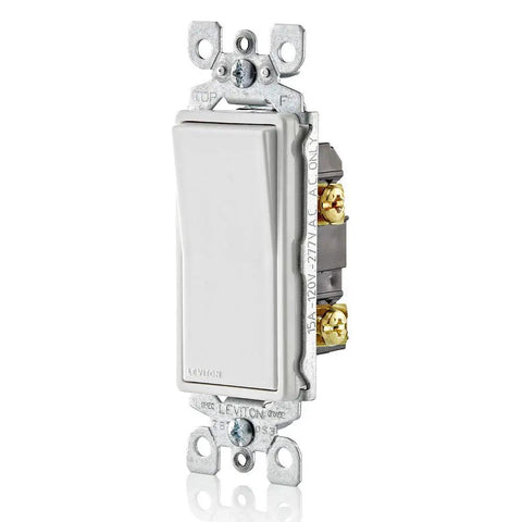 Decora Rocker Single Pole AC Quiet Switch 15 Amp 120/277 Volt Grounding Residential Grade Built To Last With Easy Wire Terminals For Tungsten Fluorescent Or Resistive Loads No Fuss white rocker switch side view