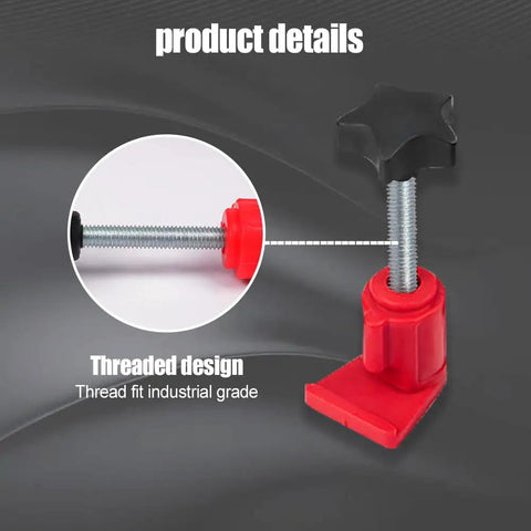 Close-up of a threaded clamp from the Real Deal Camshaft Locking Tool Kit, featuring red plastic and metal design for timing alignment.