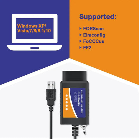 FORScan Ready OBD2 USB Adapter With MS HS CAN Switch, compatible with Windows XP through 10 and various diagnostic software