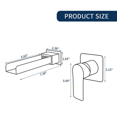 Dimensions of Wall Mount Waterfall Tub Faucet With Extra Long Spout, High Flow Bath Filler, Brushed Gold Finish shown in diagram.