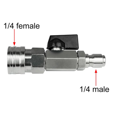 Side view of chrome-plated ball valve with lever handle; 1/4 NPT quick-connect fittings (1/4" female left, 1/4" male right).