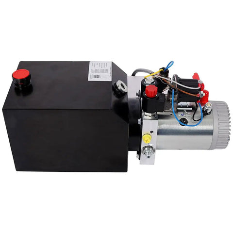 Lmaoss 6 Quart 12V Double Acting Hydraulic Power Unit Pump With Remote Control for Dump Trailer, side view showcasing motor and reservoir.
