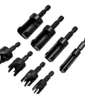 Heavy Duty Wood Plug Cutter Drill Bit Set Featuring Straight And Tapered Profiles In Four Classic Sizes, black oxide steel.