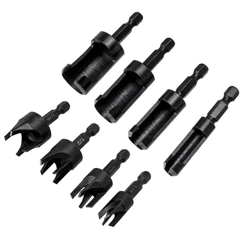 Heavy Duty Wood Plug Cutter Drill Bit Set Featuring Straight And Tapered Profiles In Four Classic Sizes, black oxide steel.