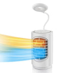 Compact Ceramic Space Heater 600W with LED light, illustrating heating and cooling modes, ideal for home office use.