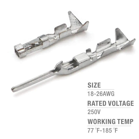 Metal crimp pins from Crazy Versatile 1550 Pieces Dupont Connector Kit With 2.54mm Pitch, size 18-26AWG, 250V rating.