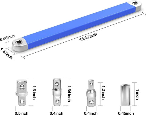 Impact Ready Offset Extension Wrench Set With One Half Inch, One Quarter Inch, And Three Eighths Inch Square Drive Adapters And A One Quarter Inch Socket For Tight Spaces, Easy Access To Hard To Reach Bolts, Universal Ratchet Use showcasing bar and adapters