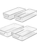4 Piece Fridge Storage Bin Starter Set with Clear Modular Bins for Fresh Groceries, stackable with rounded handles, front view