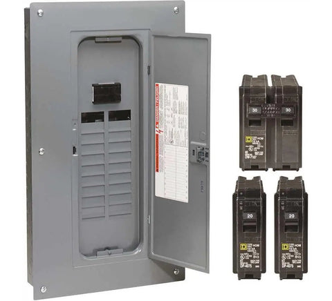 Rock Solid 100 Amp 120 240 Volt Electrical Load Center With 20 Spaces And 40 Circuits Combination Mount Main Breaker Panel Box displayed with circuit breakers.