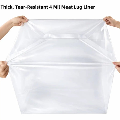 Heavy Duty 50 Pound Meat Lug Liners, 10 Pack, 4 Mil Thick Tub Liners held open showing thickness and size