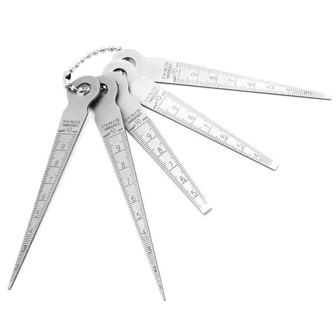 Pro Grade Stainless Steel Welding Taper Feeler Gauge Set with 0.1mm resolution, 5-piece tool for measuring gaps and holes
