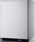 Frost Free Under Counter Upright Freezer In Brushed Stainless Steel, 24 inch size, digital thermostat view from front.