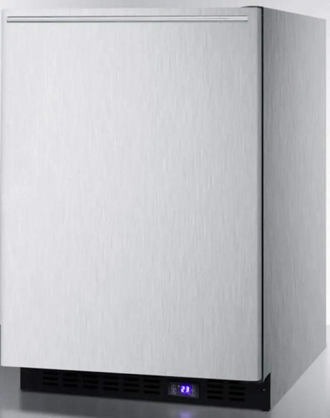 Frost Free Under Counter Upright Freezer In Brushed Stainless Steel, 24 inch size, digital thermostat view from front.