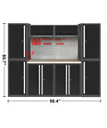 Industrial Grade Garage Workbench Set Featuring Rock Solid Metal Lockers Ceiling Cabinets And Perforated Wall Panels, 80.7" tall setup with steel construction.