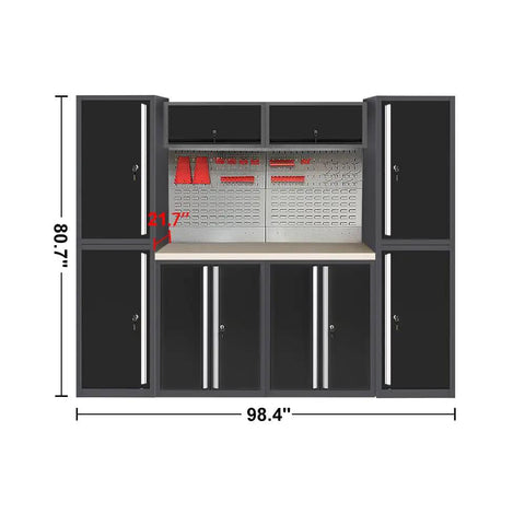 Industrial Grade Garage Workbench Set Featuring Rock Solid Metal Lockers Ceiling Cabinets And Perforated Wall Panels, 80.7" tall setup with steel construction.