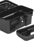 14 Inch Built Tough Heavy Duty Plastic Toolbox With Removable Tray, Steel Latch And Padlock Eye For Tools, Crafts, First Aid And Hobby Supplies, Industrial Grade Storage, Portable Box, Made In USA, Black, open with tray