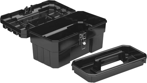 14 Inch Built Tough Heavy Duty Plastic Toolbox With Removable Tray, Steel Latch And Padlock Eye For Tools, Crafts, First Aid And Hobby Supplies, Industrial Grade Storage, Portable Box, Made In USA, Black, open with tray